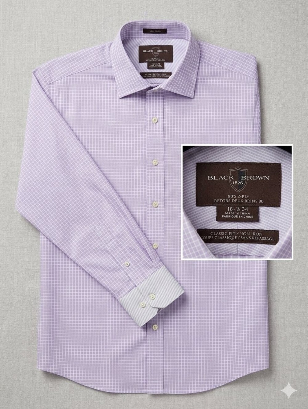 Black Brown 1826 Classic Fit Non Iron Dress Shirt 16 1/2 34 Purple Check